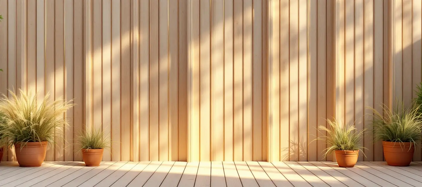 Terrasse im Morgenlicht mit einer hohen Lattenwand aus hellem Holz; Licht fällt in Streifen durch die Lücken auf den Holzboden