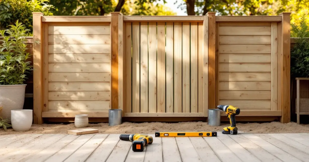 Halb aufgebauter Holz-Sichtschutz auf einer Terrasse: Pfosten in Bodenhülsen, montierte Elemente, Wasserwaage auf dem Boden