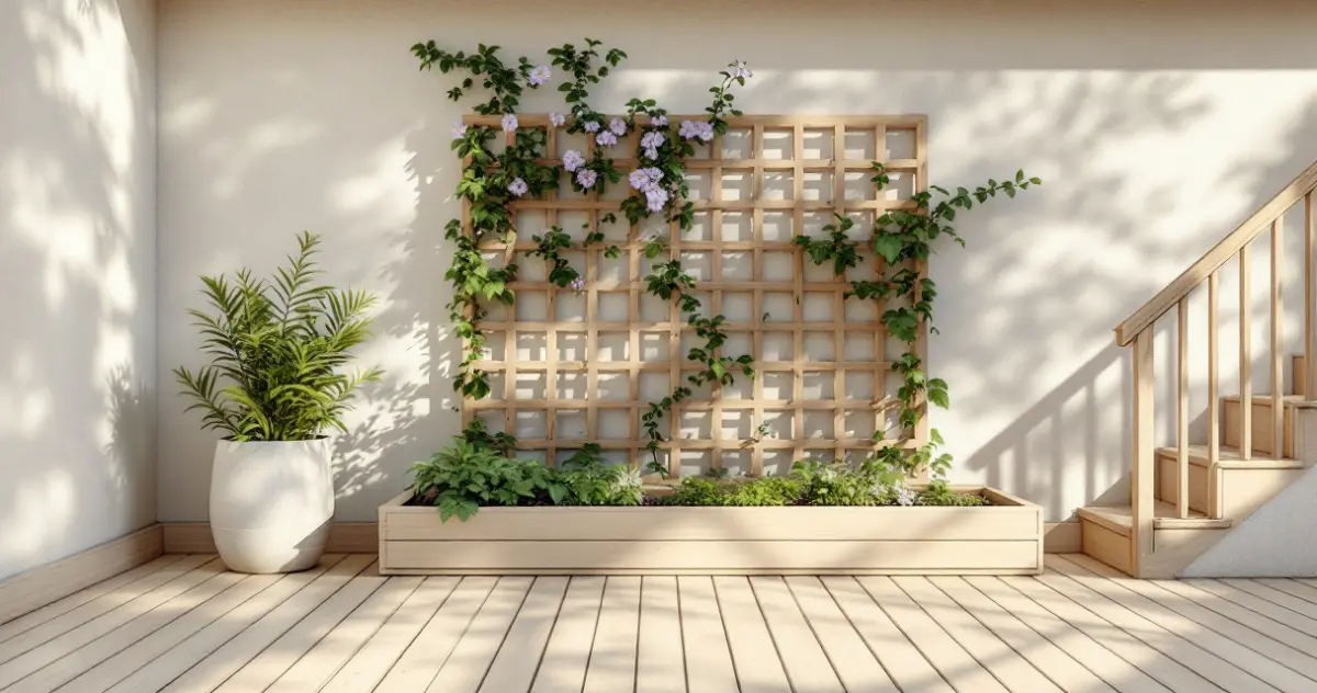 Holz-Rankgitter an einer hellen Wand, durch das eine Clematis mit hellvioletten Blüten wächst, unten ein langer Holz-Pflanzkasten mit Kräutern