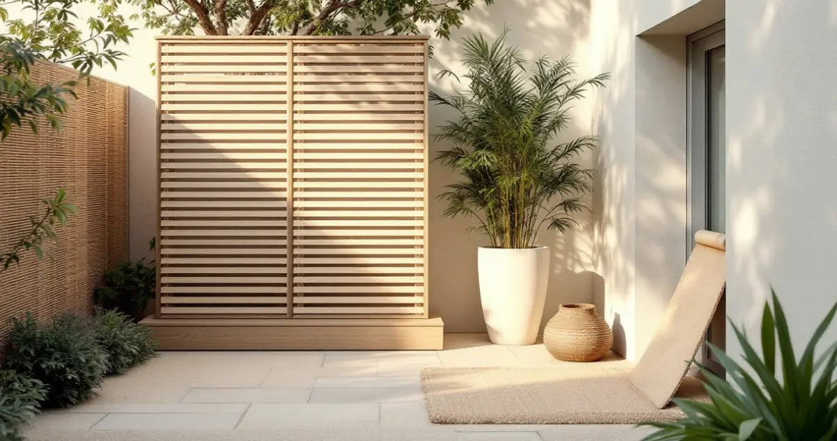 Kleine Terrasse mit beweglichem Sichtschutz: freistehende Holzlattenwand auf einem Sockel, hoher Kübel mit Bambus, gerollte Matte an der Wand